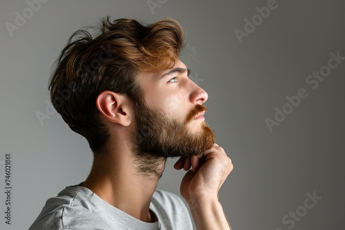 Side view of young man looking at free space, space for text