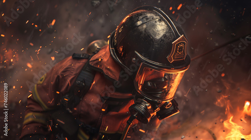portrait of a fireman against the background of fire