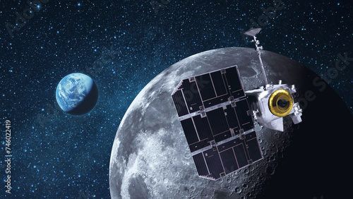 Satellite Lunar Reconnaissance Orbiter flies near the moon with craters and explores the moon in space. View of blue planet Earth from the surface of the Moon