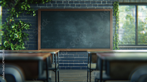 Empty school classroom with blackboard