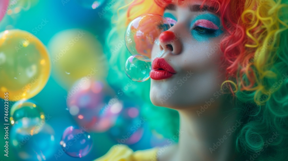 A woman with vibrant, colorful hair blowing bubbles into the air