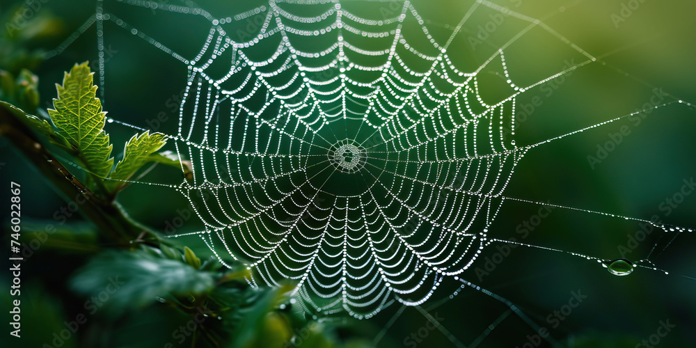 beautiful droplets of water on the spider's web after the rain in the green forest, poster beautiful droplets of water on the spider's web after the rain in the green forest, poster