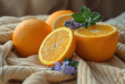 Vibrant, close-up image of ripe oranges, half-cut, on textured fabric with fresh lavender © Pinklife
