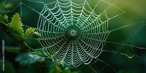 beautiful droplets of water on the spider's web after the rain in the green forest, poster