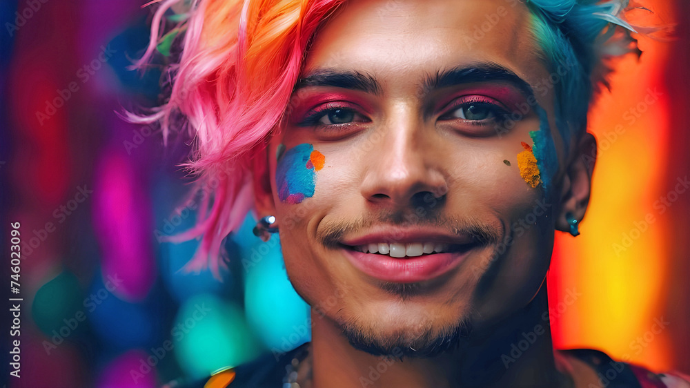 Gesichtes eines jungen Mannes mit gefärbten Haaren und mit Schminke und Farbe verziertem Gesicht - obrazy, fototapety, plakaty 
