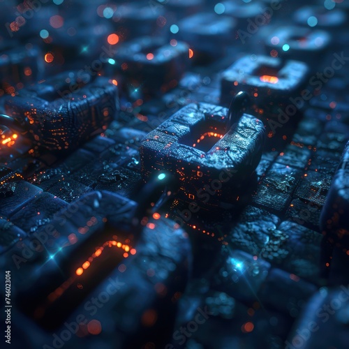 Medium shot focusing on a series of locked and then suddenly unlocked digital blocks representing a blockchain a sinister shadow looming over as the system is hacked