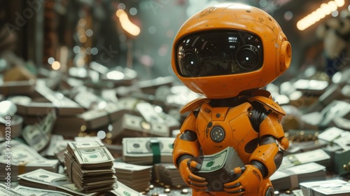 A robot is standing in a large pile of money, surrounded by stacks of bills and coins