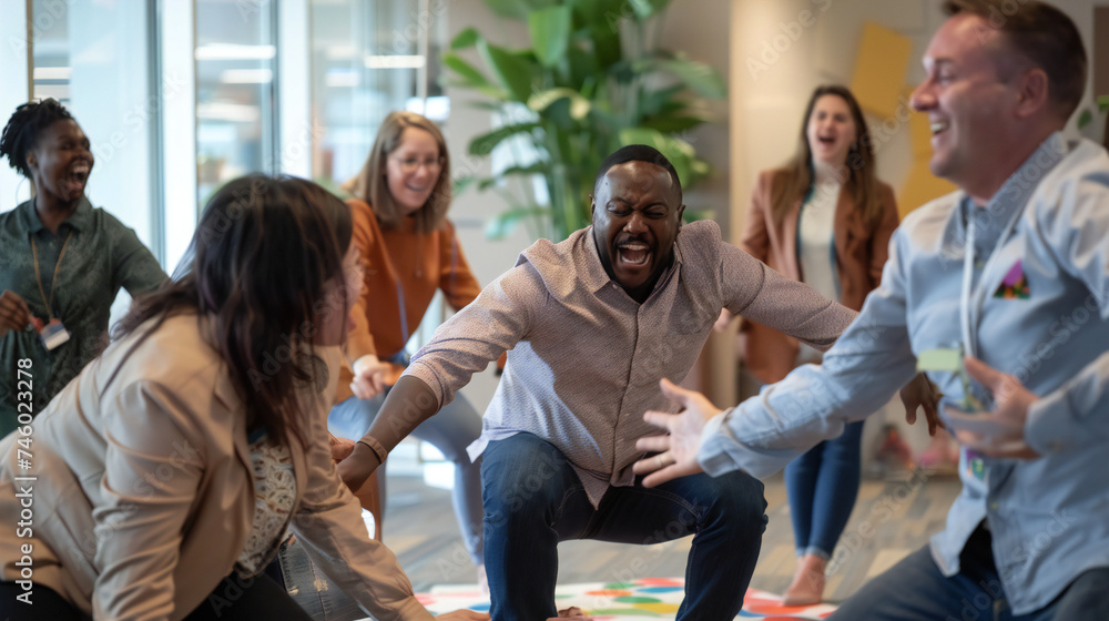 Dynamic Team Building Exercise: Employees Engaged in Trust Fall Activity for Business Success and Collaboration Dynamic Team Building Exercise: Employees Engaged in Trust Fall Activity for Business Success and Collaboration