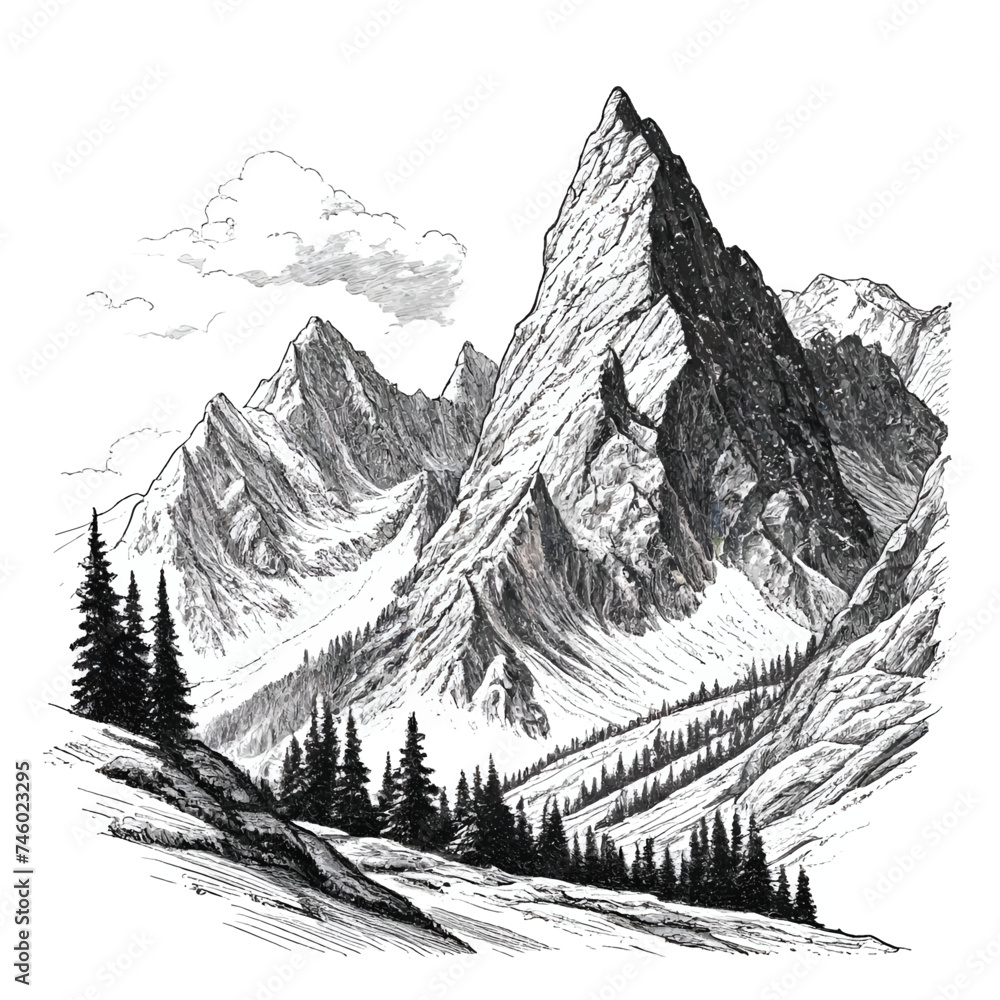 Mountain ink sketch drawing, black and white, engraving style vector illustration