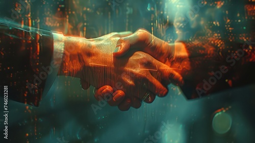 A close up of a handshake between a man and woman the digital enhancements highlighting the superficial nature of their business relationship