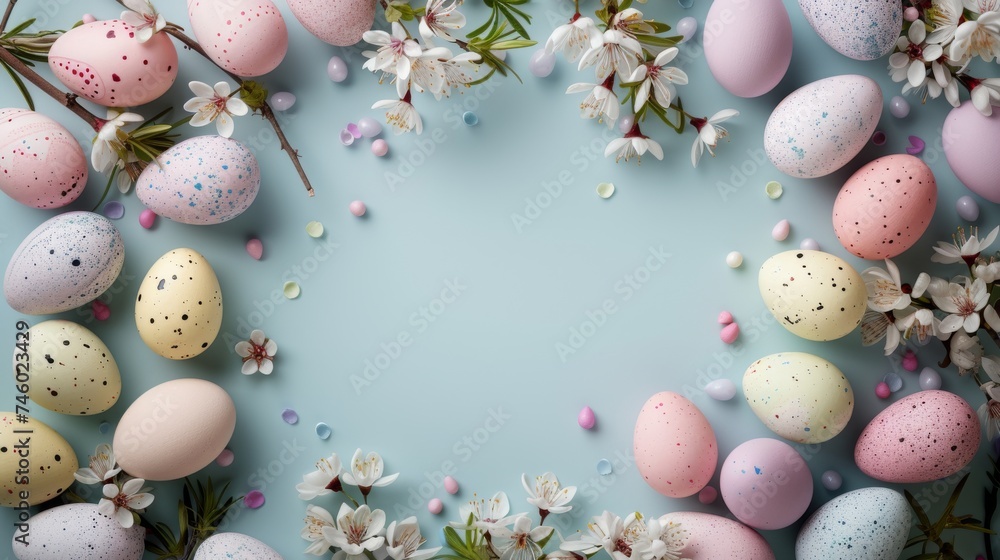 A variety of pastel-colored eggs and delicate flowers arranged on a blue background, creating a vibrant and cheerful composition