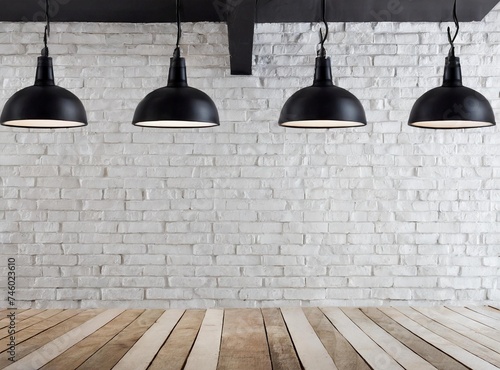Empty wooden display with white brick wall with lamps. Kitchen interior design. Render model.