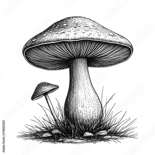 Mushroom engraved style ink sketch drawing, black and white vector illustration