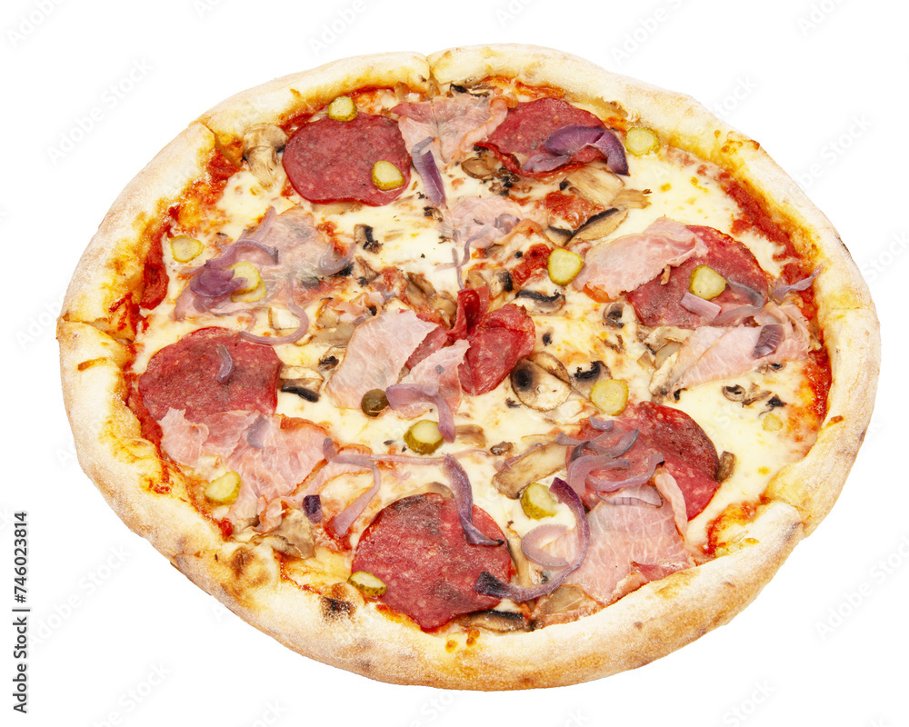 Delicious classic italian Pizza Pepperoni with sausages and cheese mozzarella. Fresh italian classic original pepperoni pizza isolated on white background.