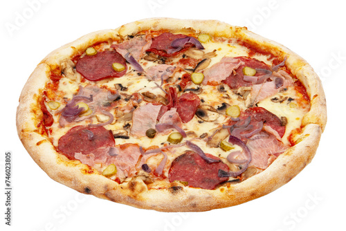 Delicious classic italian Pizza Pepperoni with sausages and cheese mozzarella. Fresh italian classic original pepperoni pizza isolated on white background.