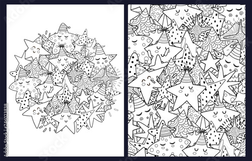 Doodle stars coloring pages set. Black and white templates with cute good night characters. Outline background. Vector illustration