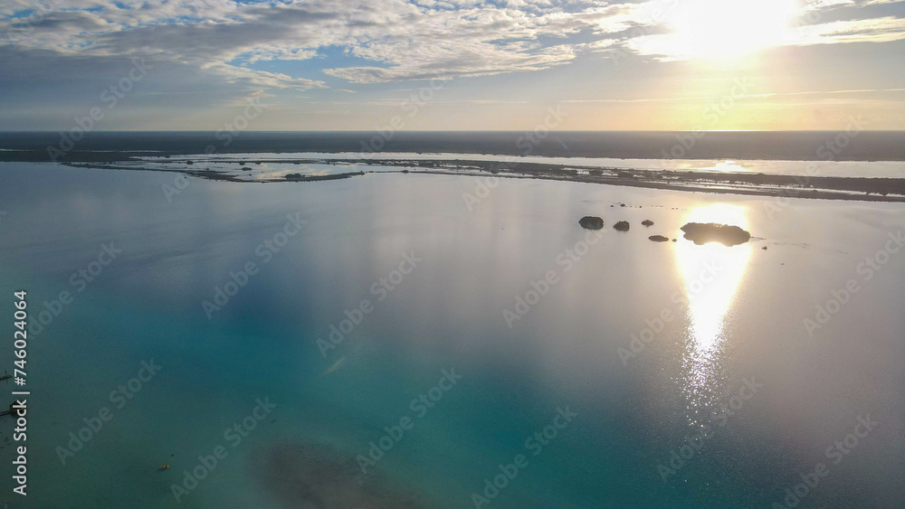 Sunset Aerial view of Bacalar Lagoon, near Cancun, in Riviera Maya, Mexico
