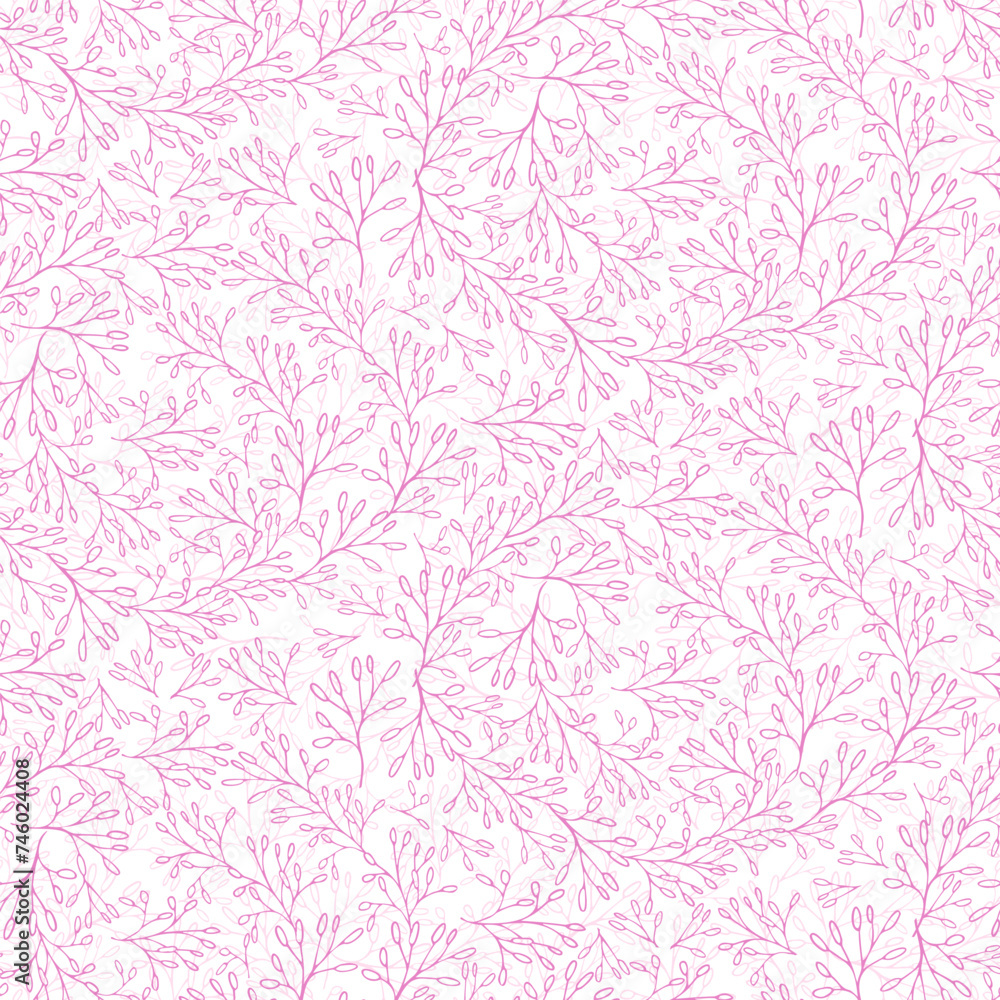 Delicate floral vine seamless pattern for textile or wallpaper, scrapbook paper. Light pink vector background with hand drawn plants elements for coloring page