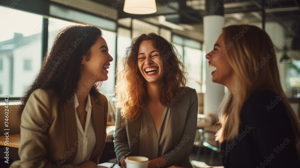 Three women laughing together in a cafe setting with natural light coming through the window. Three women laughing together in a cafe setting with natural light coming through the window.