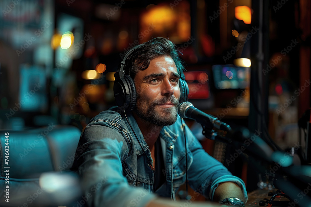 An introspective male podcaster in a denim jacket reflects during a recording session, an image generated by AI technology An introspective male podcaster in a denim jacket reflects during a recording session, an image generated by AI technology