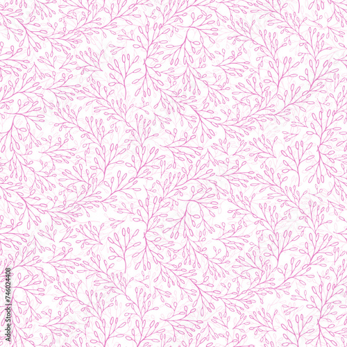 Delicate floral vine seamless pattern for textile or wallpaper, scrapbook paper. Light pink vector background with hand drawn plants elements for coloring page
