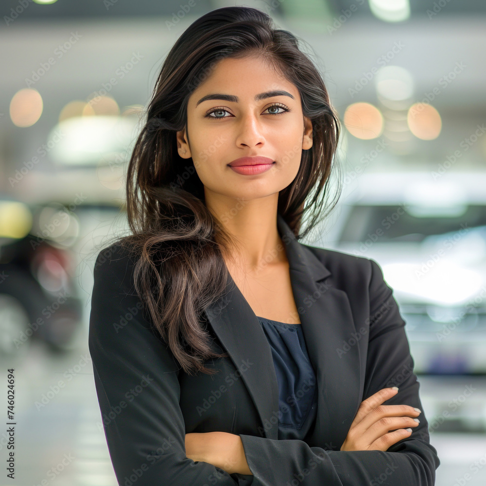 Young indian female manager standing confidently at car showroom
