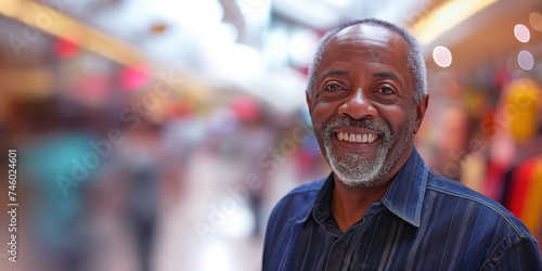 A senior African American man exudes timeless elegance and confidence as he strikes a dynamic pose against the blurred backdrop of a modern, motion-blurred shopping mall filled with bustling shoppers.