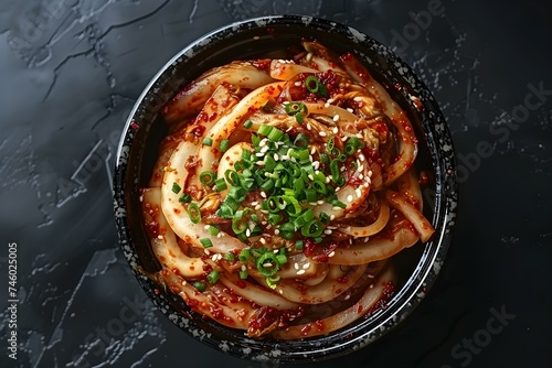 Kimchi on Black Background: Top-Down View of Korean Cuisine. Concept Korean Cuisine, Kimchi, Food Photography, Top-Down View, Black Background