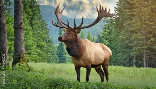 A beautiful elk posing in forest nature, between trees, Christmas animal symbol