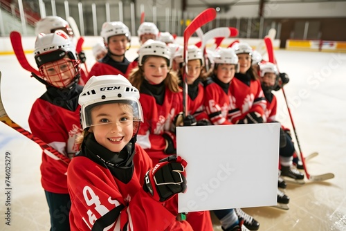 Elementary school children graduate from Ice hockey, children holding banner, group of children holding blank sign