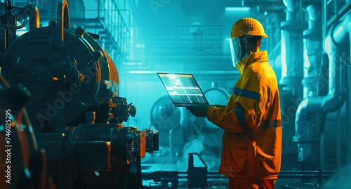 a factory worker holding a laptop in front of a large machine Generative AI