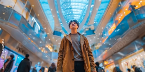 A young Asian American man exudes confidence and charisma as he strikes a dynamic pose against the blurred backdrop of a modern, motion-blurred shopping mall filled with bustling shoppers.