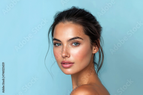 Beautiful fashion model with blue eyes on a light blue background. Beauty cosmetic shot.
