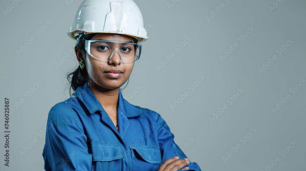 Young indian female technician in uniform and hard hat Young indian female technician in uniform and hard hat
