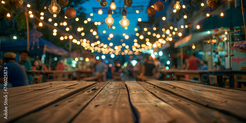 Wooden table background with bokeh lights of the night city,Blur background image. background is blur of light,Blurred background of a restaurant bar interior with a wooden table Vertical Mobile