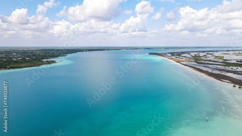 Aerial View, Beautiful turquoise water. Laguna Bacalar - the lake of seven colors. 