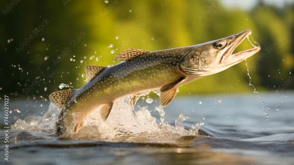 Fresh water pike fish jumping out of the water. Fishing concept.
Fresh water pike fish jumping out of the water. Fishing concept.