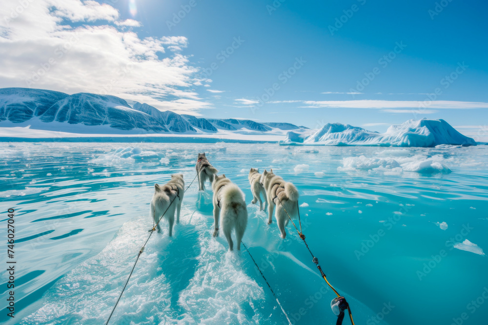 Arctic sled dogs traverse melting ice landscape. Generative ai image
