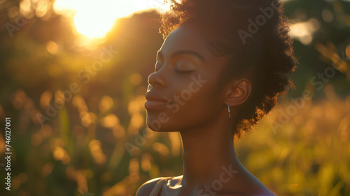 Young woman enjoying the tranquility of a golden sunset in a field. photo