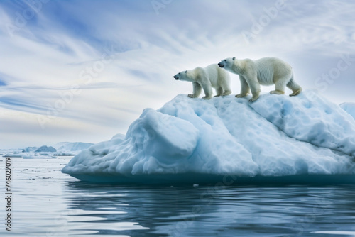 Polar bears on melting ice under striking sky. Generative ai image photo