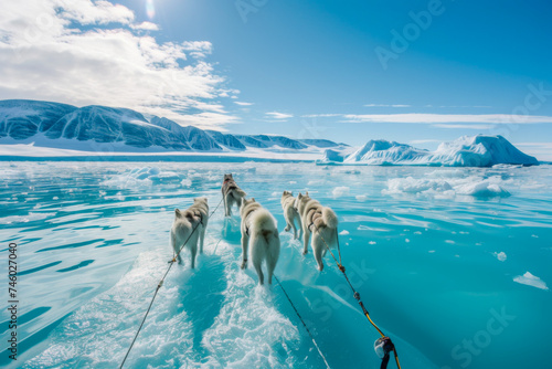 Arctic sled dogs traverse melting ice landscape. Generative ai image photo