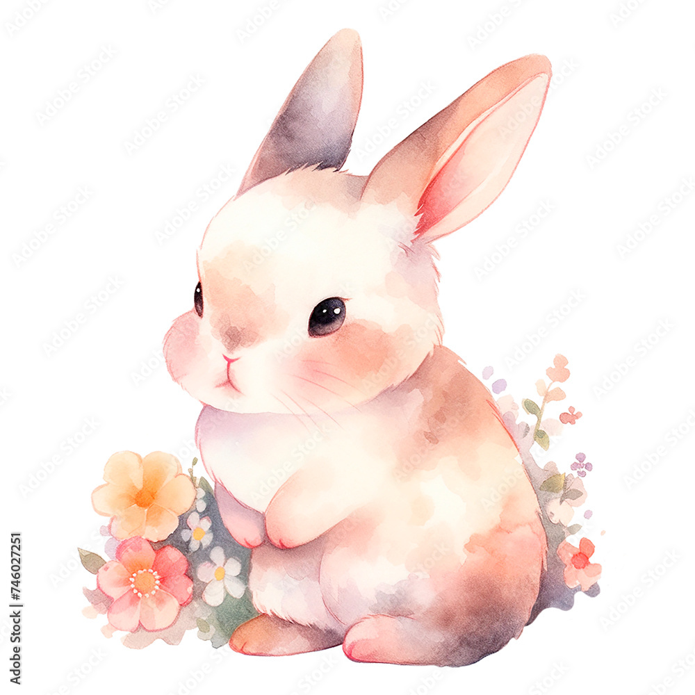Watercolor hand-painted illustration of an cute small Easter bunny with small flowers. Isolated on a transparent background Watercolor hand-painted illustration of an cute small Easter bunny with small flowers. Isolated on a transparent background