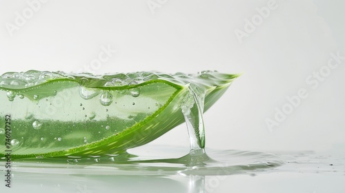 Our image features aloe gel dripping from an aloe vera slice, isolated on white-an invitation to explore the organic beauty, healing benefits, and natural freshness of aloe vera in skincare