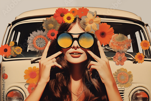 Retro vibe with flower-crowned woman and vintage van. Generative ai image