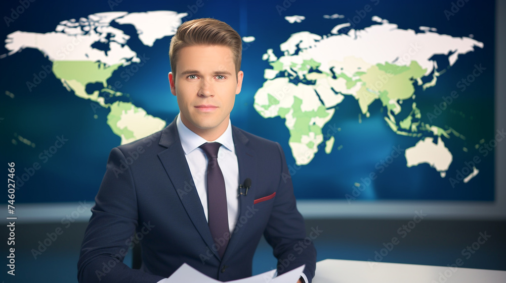 On air TV live news program with Professional handsome male presenter reporting event of the day world map background. On air TV live news program with Professional handsome male presenter reporting event of the day world map background.