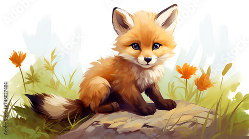 Little funny red fox, bright color, cartoon character