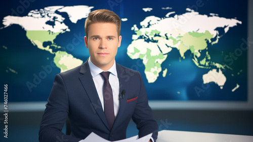 On air TV live news program with Professional handsome male presenter reporting event of the day world map background.