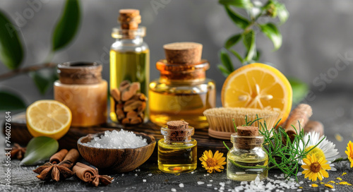Skin care oil  natural cosmetics  and spa treatments showcased against a gray background