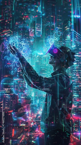 Cyberpunk Enthusiast Interacting with Virtual World