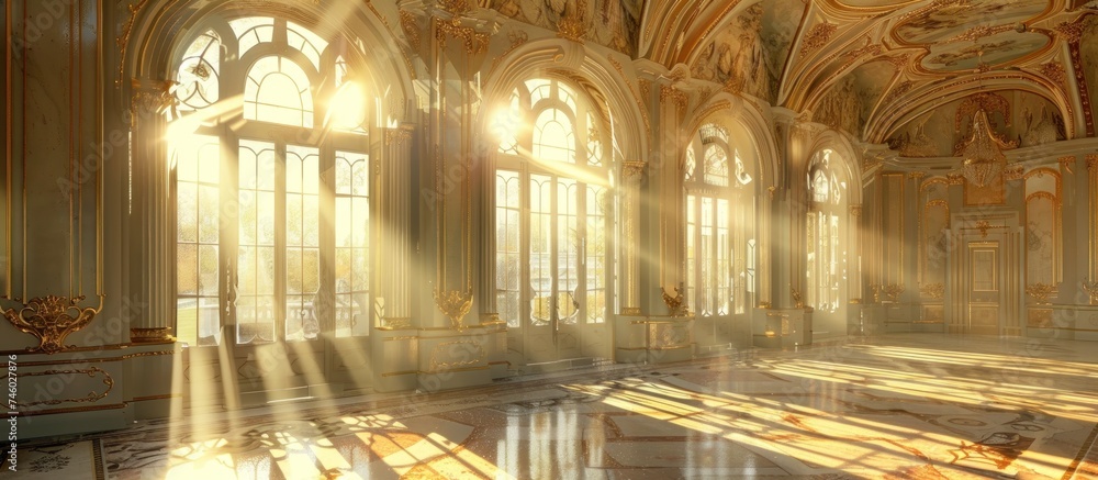 the room inside an ornate palace has big windows
